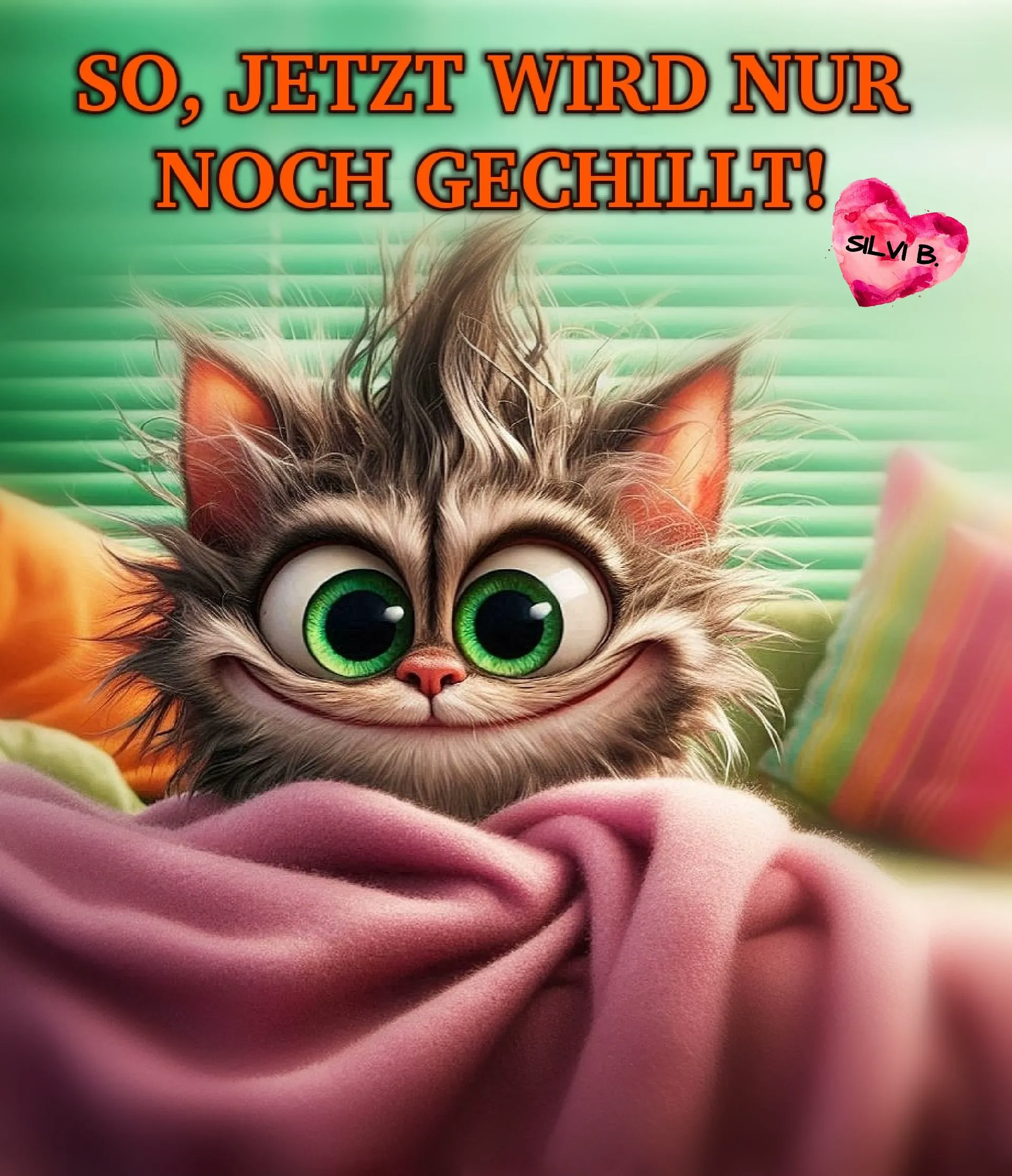 Ein Cartoon-Kätzchen mit großen grünen Augen, das unter einer rosa Decke hervorschaut
